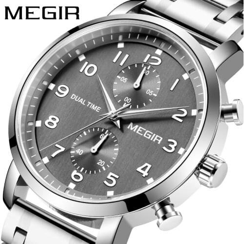 MEGIR Grey Dial Watch Men Quartz Chronograph Wrist Watches for Man Waterproof Stainless Steel Business Clock Relogio Masculino