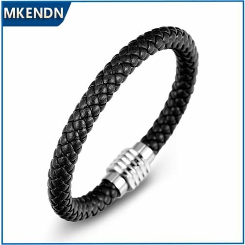 MKENDN Black Braid Genuine Leather Bracelet Bangle Stainless Steel Magnet Buckle LGBT Dublin Pride Party Jewelry