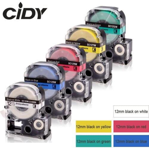 CIDY 5pcs 12MM black on white SS12KW SC12GW SC12YW SC12BW SC12RW label tape for kingjim/epson label maker LW300 SR150 LW400