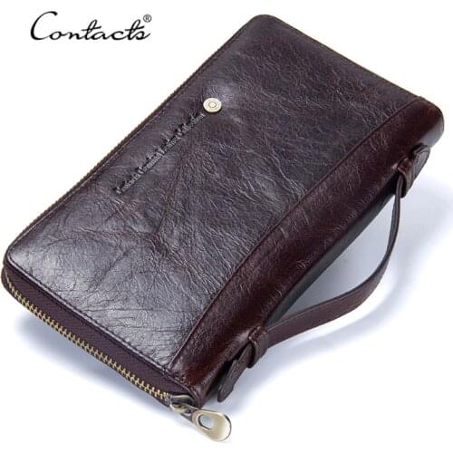 Contacts Cow Leather Men Casual Clutch Wallet Card Holder Zipper Purse With Passport Holder Phone Case For Male Long Wallet