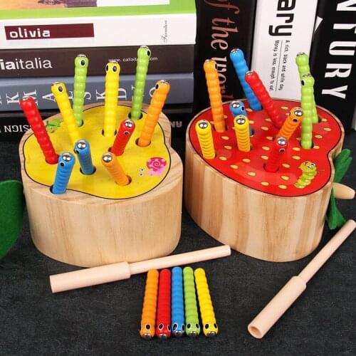 Childrens Wooden Toys Catch Bug Fishing Toys Magnetic Caterpillar 1-2-3 Years Old Baby Boy Girl Puzzle Game