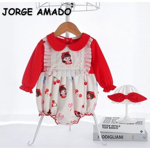 2021 Hot Sale New Autumn Baby Girls Bodysuit Red Long Sleeves Cartoon Girls Peter Pan Collar Newborn Jumpsuit Kids Clothes E5358