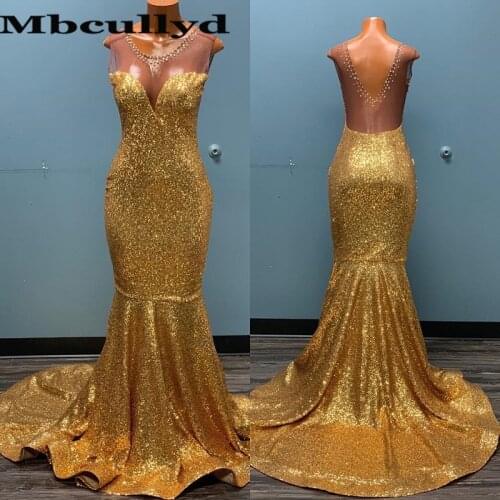 Mbcullyd Gold Sequined Prom Dresses Long 2020 Sheer Scoop Neck Mermaid Evening Party Gowns rochii For African Graduation Dress