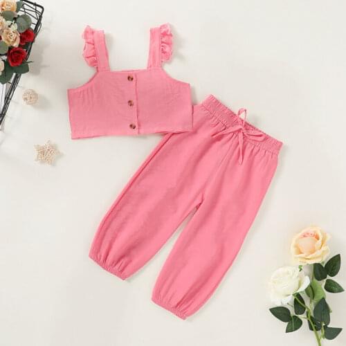 Emmababy Toddler Kids Baby Girl Ruffles Sleeveless Button Tops T-shirt + Long Pants Outfits 2PCS Clothes Summer
