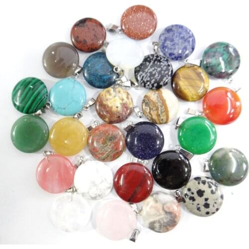 Wholesale Natural Stone Quartz Crystal tiger eye Unakite Mix Onyx Charms Round cake Pendants For Jewelry Making necklace 12PC