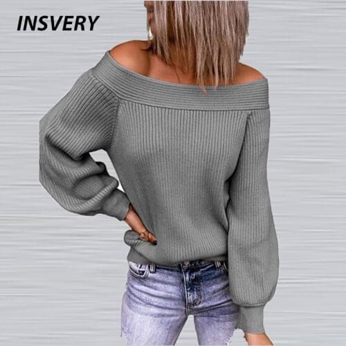 Autumn Off Shoulder Sweater Women Jumper Long Sleeve Loose Knitted Sweaters For Women Solid Causal Tops Ladies Streetwear
