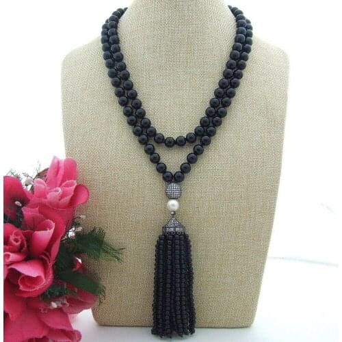 40'' 8mm Faceted Onyx White Pearl Necklace CZ Pave Pendant necklace for women