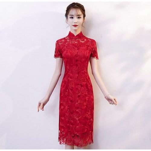 Sexy Perspective Women Lace Floral Straight Cheongsam Elegant Short Sleeve Bride Wedding Party Chinese Dress Knee-Length Qipao