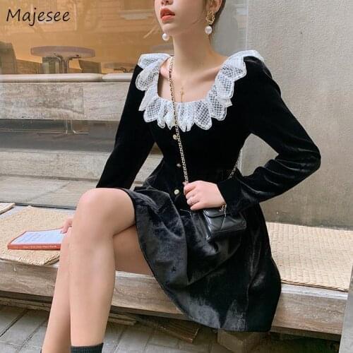 Long Sleeve Dress Women Patchwork Lace Black Mini Single Breasted Korean Style Vintage Design Elegant Sweet Leisure Party Trendy