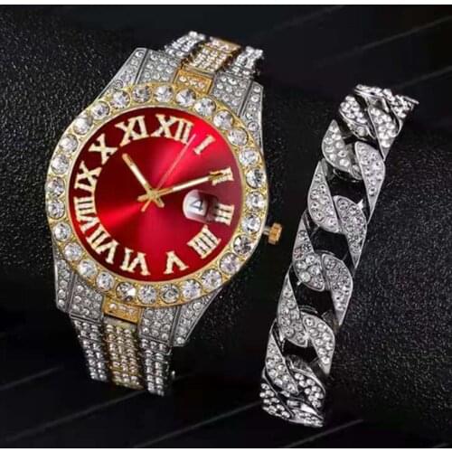Full Iced Out Watch Bracelet for Men Big Gold Cuban Chain Mens Hip Hop Jewelry Watch Men Miami Rhinestone Prong Pave Bling Watch