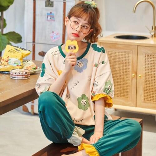 Pullover Short Half Sleeve Ankle-Length Trousers Pajama 6535cotton Jams Jammies Girl Lady Women Sleepwear Nightwear Pyjamas NLZM
