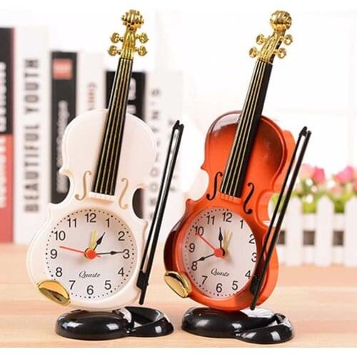 100pcs2 Colors Creative Instrument Table Clock Student Violin Gift Home Decor Fiddle Quartz Alarm Clock Desk Plastic Craft
