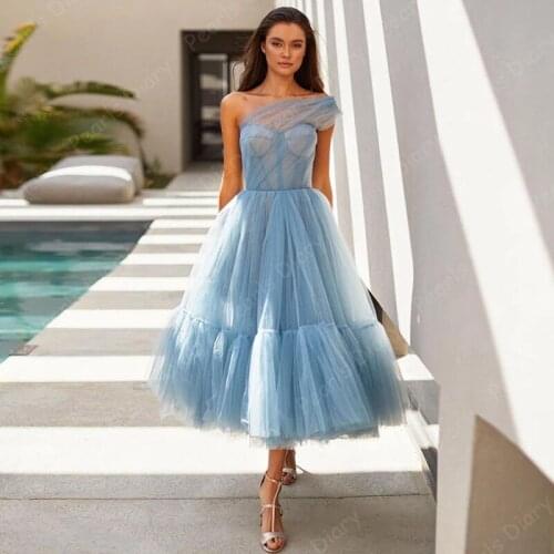 Couture Dubai Blue Prom Dresses One Shoulder Arabic Evening Party Gowns Tulle Girl Ruffled Celebrity Dress for Graduation 2021
