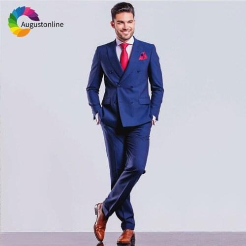 Tailored Navy Blue Classic Men Suits for Wedding Double Breasted Slim Fit Best Man Blazers Peaked Lapel Costume Homme 2 Pieces