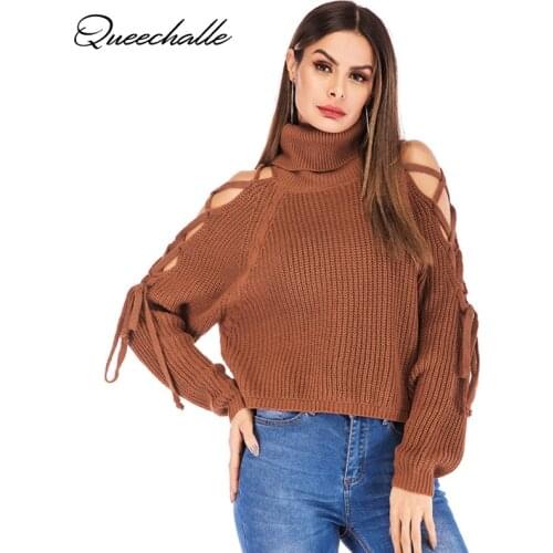 Knitted Sweaters Sexy Bandage Strapless Loose Pullover Sweater Women Long Sleeve Turtleneck Female Jumper Camel Gray Knit Tops