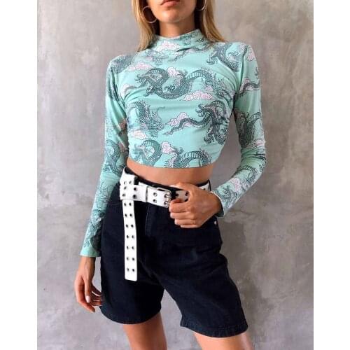 Womens sexy print short style long sleeved tees autumn fashion China Dragon Pattern personality backless ladies street wear