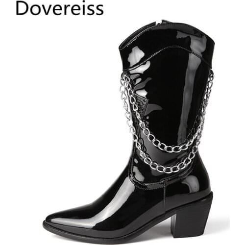 Dovereiss Fashion Womens Shoes Winter Pure color new flats Metal chain Zipper Chunky heels Pointed toe Half boots big size 46