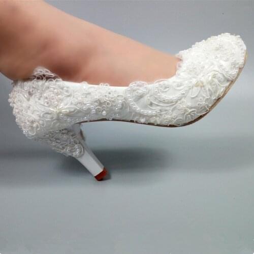 White flower Pearl womens wedding shoes Bride Fashion shoes woman High heels Pumps 5cm/8cm/11cm ladies dress shoes party shoe