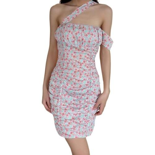 Female Dress, Floral Print Sloping Shoulder Short Sleeve Ruffled for Summer, Pink, S/M/L