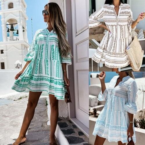 2021 Womens Spring and Autumn Sleeve V-neck Loose Waist Printed Hedging Commuter Dress