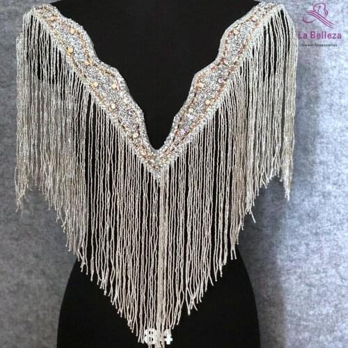 1Piece Silver/Gold V-neck patch,fringe appliques, beads patch,wedding gown appliques