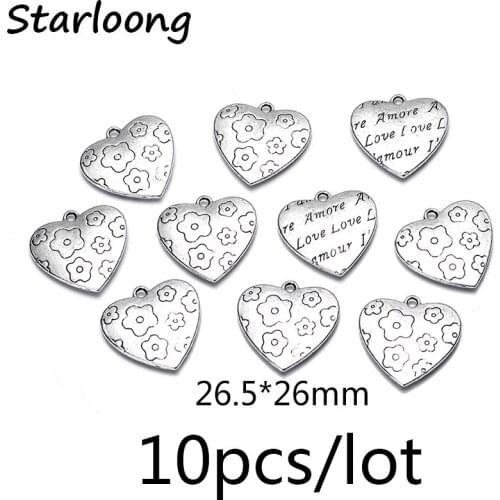 10pcs/lot zinc alloy antique vintage silver plated heart love flower charm pendants for Bracelet Necklace DIY Jewelry Making