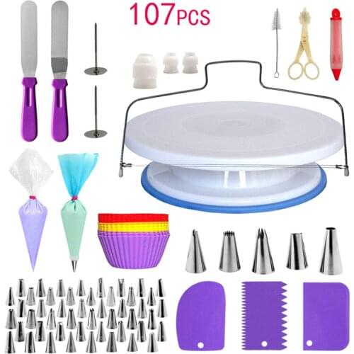 107pc Cake Decorating Tools Kit Cake Turntable Pastry Spatulas Nozzle For Cream Tube Kitchen Baking Fondant Cake Tool Set