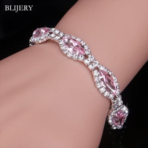 BLIJERY Charm Marquis Shape Bracelets & Bangles for Women Pink Crystal Bridal Bracelets Party Wedding Jewelry Birthday Gift