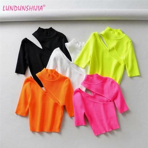 LUNDUNSHIJIA 2019 Summer Fluorescence Stand Collar Short Sleeve T-Shirts Women Sexy Hollow Out Short Knitted Tee Tops 5 Colors