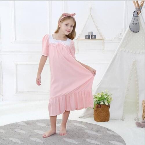 Cotton Nightdress Babu Girl Pajamas Dresses Children Lace Bow Summer Nightgown Home Clothes Kids Sleepwear 4 6 8 10 12 14Year