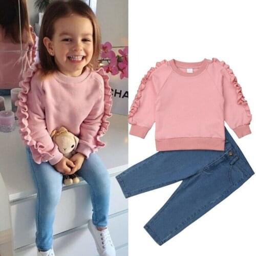 Baby Girl Clothing Sets Long Sleeve O Neck Pink Cotton Ruffled Sweatshirt Tops + Blue Denim Pants Jeans 1-6Y Kids Autumn Outfits