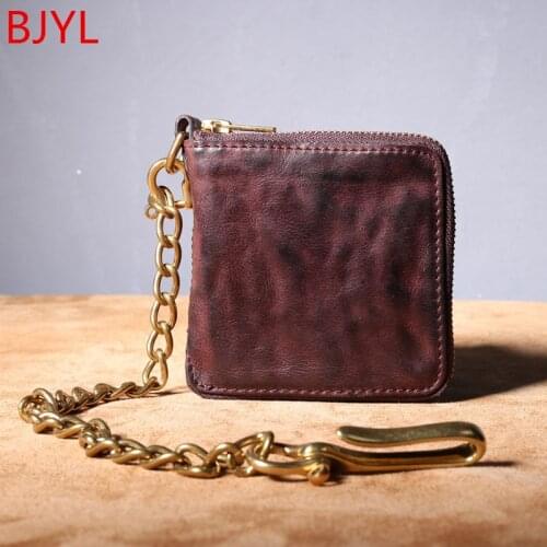 Leather mini wallet mens short zipper wallet original retro fold hard card coin purse copper chain leather horizontal wallets