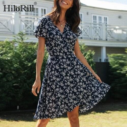 HiloRill Summer V Neck Floral Print Mini Dress Casual Short Sleeve Boho Style Wrap Dress Lady Beach Sundress Vestido De Mujer