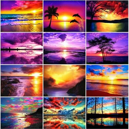 AZQSD Diamond Painting Seaside Sunset Cross Stitch Kits Rhinestones Diamond Embroidery Landscape Mosaic Needlework Home Decor