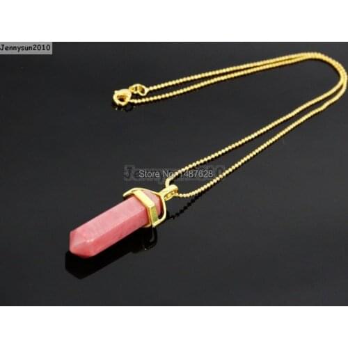 Natural Rhodonite Gems Stones Hexagonal Pointed Healing Reiki Chakra Pendant Beads Gold 17'' Chain Necklace 5 Sets/Pack