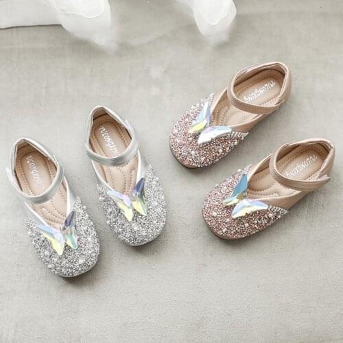 2021 New Childrens Shoes Butterfly Rhinestones Shining Kids Princess Leather Shoes Baby Big Girls Flats For Party Wedding Dance