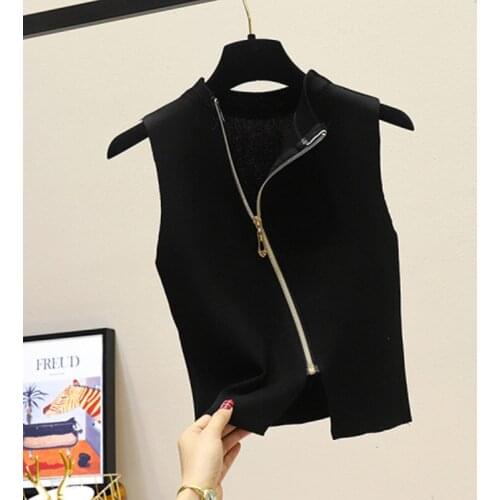 Solid Knitted Irregular Summer Tank Top Women Sleeveless Slim Sweater Casual Zipper Tee 2020 New