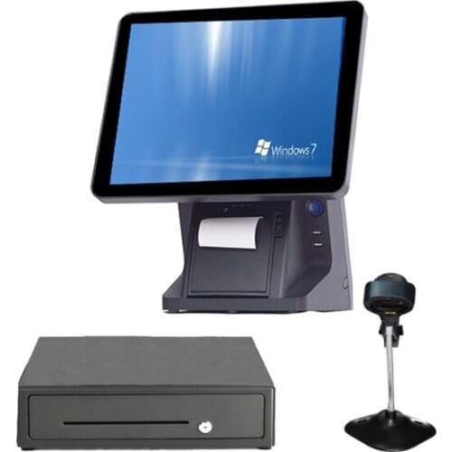 Wholeset Pos all in one 15 inch pure screen pos system with 80mm printer /barcode scanner/cash drawer
