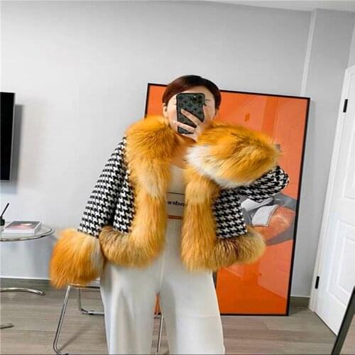 Aulande Autumn/Winter Natural Fox Fur Coat Paired With Millbird Gingham Womens Fur Jacket 2021 New Fashion Warm Winter Coat