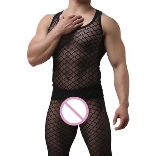 Fishnet Pajamas Sets Mens Tranparent Tank Tops Pants Trousers Mesh Sleep Vest Undershirts Bottoms Sleepwear Underwear Nightwear