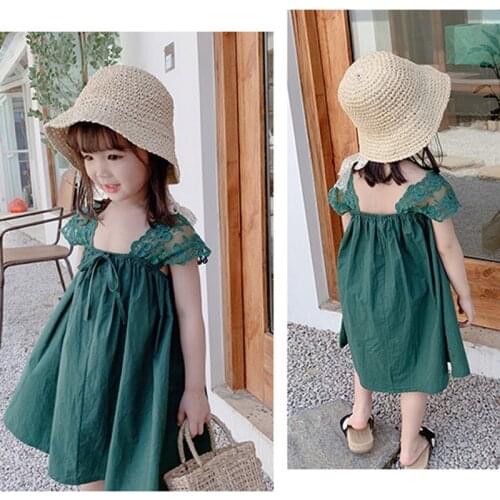 Girls Dress Lace Palace Dress Princess Dress 2021 Summer New Fashion Solid Color Bow Kids Clothing ChildrenS Wear
