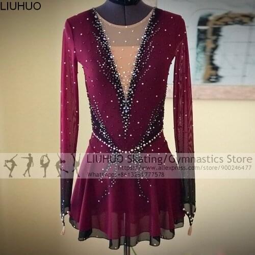 LIUHUO Figure Skating Dress Girls Competition Costumes Red Kids Sleeves Ice skating Performance Wear for Competition