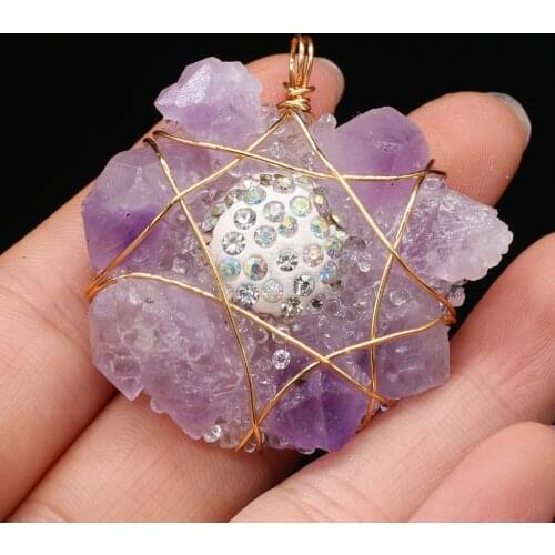 Natural Stone Crystal Pendant Copper Wire Winding Cluster Amethysts Quartz Charms for Jewelry Making DIY Necklace Earring Gift