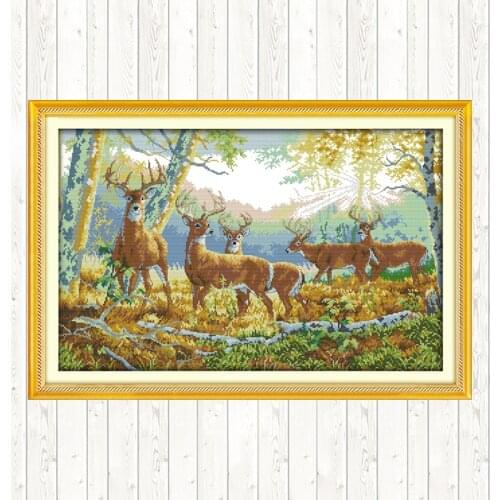 Five Deer In Forest Counted Cross Stitch Sets for Embroidery Kits 11ct 14ct Printed Canvas Needlework DIY Cross Stitch Sets DMC