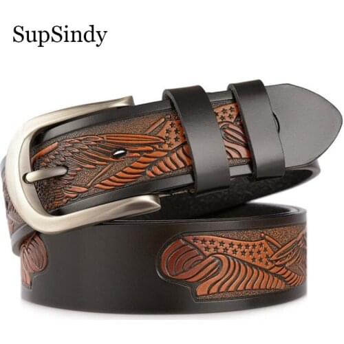 SupSindy Leather Belts for men luxury Pin Buckle Carved craft Business Casual genuine leather mans belt Cowhide Jeans Waistband