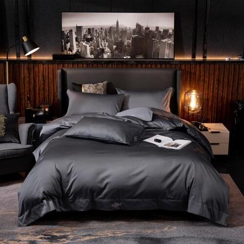 J Luxury Bedding Sets Black Gray Solid Satin Queen King Size Embroidery Duvet Cover Bed Fitted Sheet Bedspreads Bedclothes Home