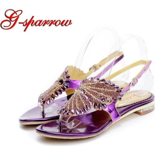 Roman Flat Heel Sandals Female Open Toe Women Shoes Newest Style Purple Rhinestone Summer Sandal Flats Sandalias das mulheres