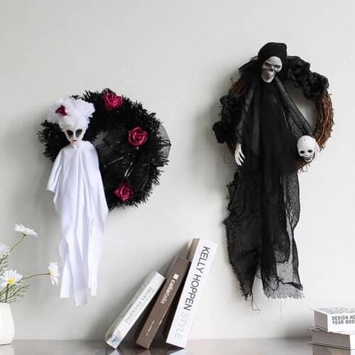 Halloween Wreath Decoration Scary Black White Skull Rose Decor Props Ornament Manual Craft Ghost Puppets Flower Garland Pendant