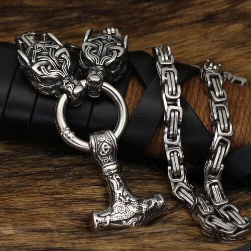Viking men thor hammer necklace wolf with mjolnir necklace stainless steel