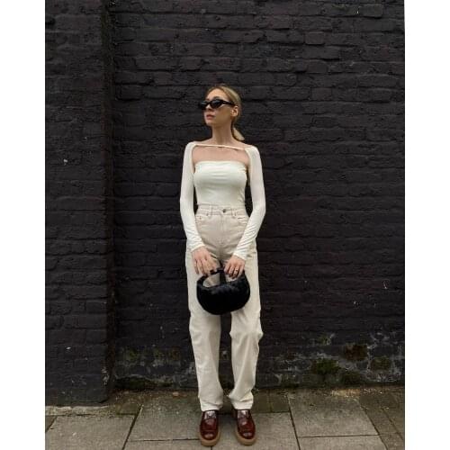 New 2021FW Autumn Women Hollow Bottoming Long Sleeve T-Shirt Female Slash Neck Tops Tee 2 Color Ddxgz2 7.16